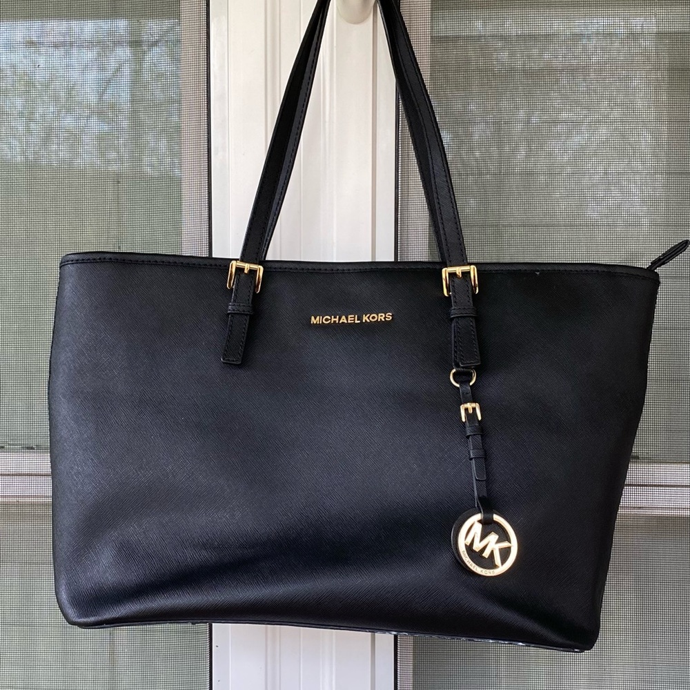 Michael Kors Black Leather Tote with Gold Accents